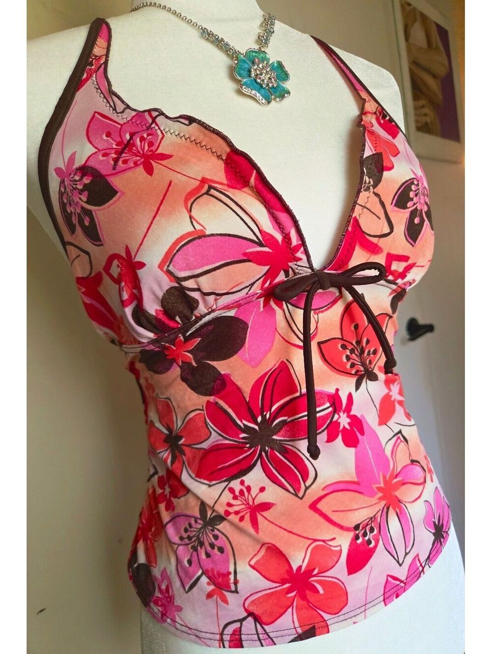 Baltex Y2K Pink Floral Tropical Halter Tankini Swimsuit Top Sz 10 Retro Beach